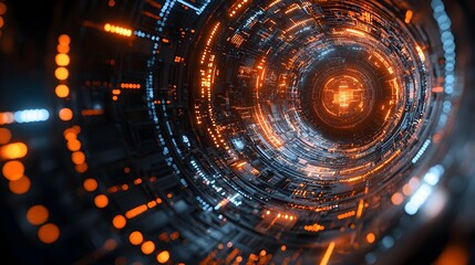 Aufkleber - Futuristic abstract design featuring a digital tech circle with streaming data and glowing circuits floating on a dark backdrop representing advanced technology and big data in a 3D rendering