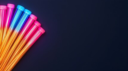 Fototapete - Mesmerizing fiber optic cables with vibrant neon hues and captivating light refraction against a seamless black background