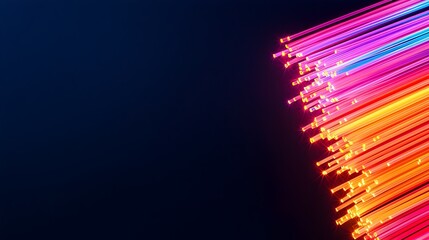 Poster - Brightly illuminated fiber optic cables with vibrant neon hues focusing on the fine strands and mesmerizing light refraction against a seamless black background  An abstract conceptual