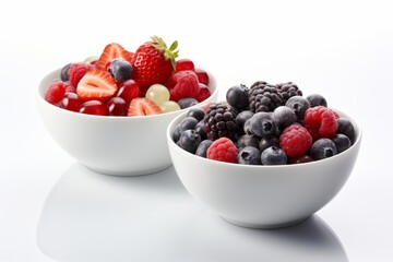 Two fruit salad bowls filled with a colorful medley of mixed berries and fresh fruits