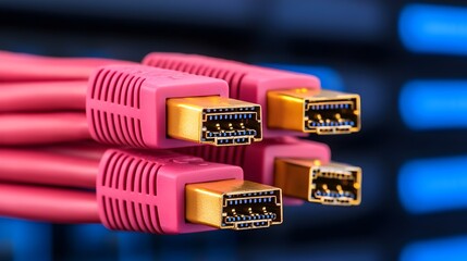 Leinwandbilder - Close up view of RJ45 Ethernet cables with glowing LED lights illuminating a tech environment and emphasizing the dynamic nature of modern networking technology