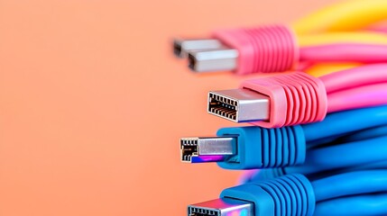 Leinwandbilder - Detailed close up of colorful and glowing RJ45 Ethernet cables showcasing intricate network connections and digital technology in a professional tech inspired studio setup
