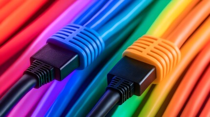 Poster - Close up shot of RJ45 Ethernet cables glowing with vivid LED lights reflecting a stunning array of vibrant colors that highlight the innovative nature of modern network technology