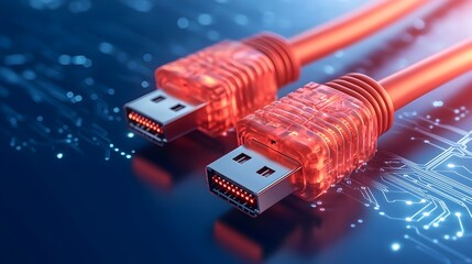 Leinwandbilder - Futuristic close up of glowing illuminated Ethernet cables featuring dynamic LED lighting