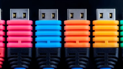 Poster - Close up view of colorful LED lit RJ45 Ethernet cables highlighting the sleek design and advanced network technology behind data transmission and connectivity