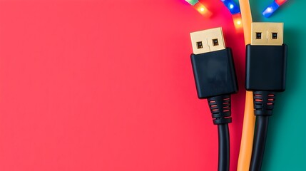 Poster - Close up of vibrant LED lit RJ45 Ethernet cables highlighting the dynamic and colorful aspects of modern digital connectivity and network infrastructure