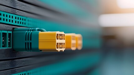 Aufkleber - Close up view of a blue ethernet cable connected to a network server showcasing the technology and infrastructure that supports modern data communication and digital connectivity