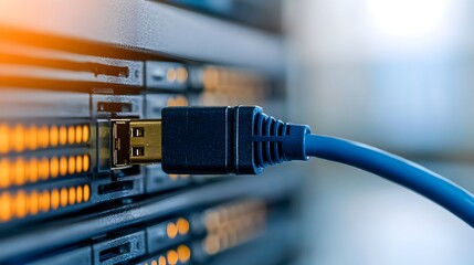 Fototapete - Close up of a blue Ethernet cable plugged into a network server showcasing the sleek and modern tech setup