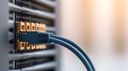 Detailed close up view of a blue ethernet cable firmly plugged into a network server