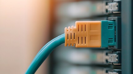 Poster - Close up view capturing the secure physical connection of a blue ethernet cable to a server in a high tech network environment