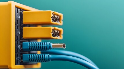 Aufkleber - Close up view of a network server with a blue ethernet cable plugged in highlighting the sleek and modern design of the digital technology equipment