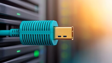 Aufkleber - Close up shot of a network server equipment with a blue Ethernet cable connected focusing on the sleek plug in design and technical details of the modern digital communication hardware