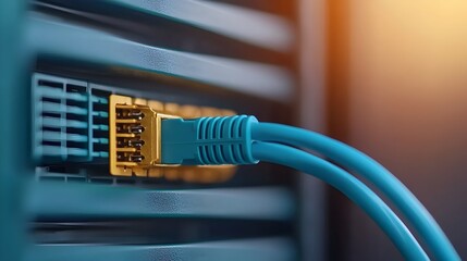 Fototapete - Detailed close up view of a network server with a blue ethernet cable connected highlighting the plug in design technical features and modern aesthetic of the IT equipment