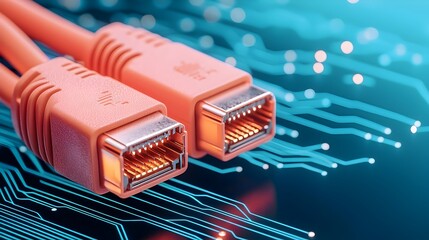 Leinwandbilder - Close up view of glowing blue RJ45 Ethernet cables with vibrant light reflecting off a dynamic digital circuit background showcasing a futuristic technology and connectivity theme
