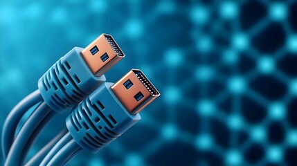 Leinwandbilder - Glowing Blue RJ45 Ethernet Cables Close Up Against a Digital Matrix Background Representing High Speed Internet and Advanced Data Transmission Technology