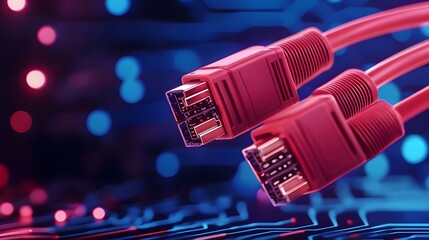 Leinwandbilder - Closeup view of glowing blue RJ45 Ethernet cables with vibrant light reflecting off a futuristic digital circuit background showcasing the concept of advanced technology and high speed connectivity