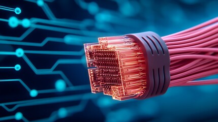 Fototapete - Glowing Blue Ethernet Cables on a High Tech Digital Background with Soft Neon Lights Reflecting off the Network Connections Showcasing the Sharp Focus on the Cable Ends