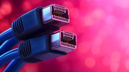 Leinwandbilder - Closeup of Vibrant Blue RJ45 Ethernet Cables Glowing and Reflecting on a Futuristic High Tech Digital Network Background with Soft Neon Lighting Effects
