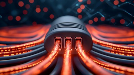 Leinwandbilder - Close up view of illuminated RJ45 ethernet cables set against a dark digital landscape with luminous data streams and circuit patterns conveying the concept of modern connectivity and technology