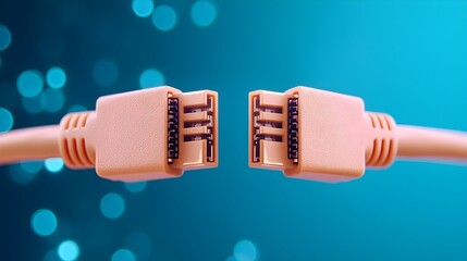 Leinwandbilder - Glowing blue RJ45 Ethernet cables in focus the connectors emitting a bright light on a digital backdrop with abstract data visuals representing modern networking and digital transformation