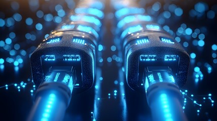 Leinwandbilder - Illuminated RJ45 Ethernet cables with a blue glow showcasing the intricate details and futuristic design of the connectors against a sleek digital backdrop that highlights the concept of modern