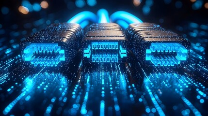 Leinwandbilder - Detailed close up of RJ45 Ethernet cables with glowing blue light from connectors placed over a futuristic digital background with abstract blue light trails