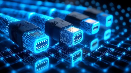 Leinwandbilder - Close up view of glowing blue RJ45 Ethernet cables set against a digital matrix background that highlights the intricate details and connection points of the connectors