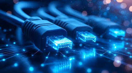 Leinwandbilder - Glowing RJ45 Ethernet Cables in Soft Blue Light Against a Sleek Digital Background Featuring Data Points and Circuit Lines Showcasing a High Definition Network Theme