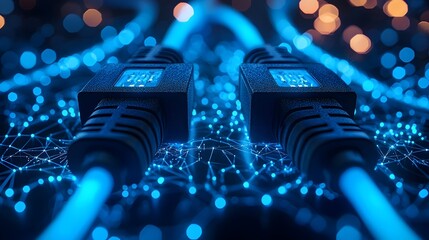 Leinwandbilder - Glowing RJ45 Ethernet cables in soft blue light against a sleek digital backdrop featuring data points and circuit lines creating a high definition network technology theme