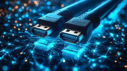 Leinwandbilder - Glowing RJ45 Ethernet cables in soft blue light set against a sleek digital backdrop featuring data points and circuit lines representing a high definition network theme
