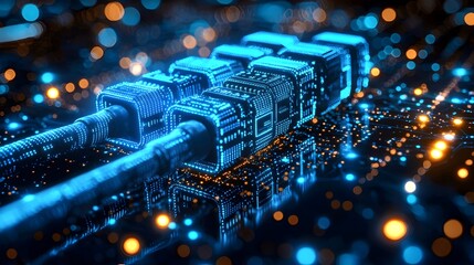 Leinwandbilder - Macro view of glowing blue RJ45 Ethernet connectors against a dynamic digital background with swirling light effects and data symbols