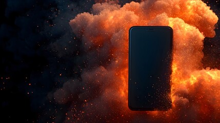 Poster - Dramatic close up view of a smartphone explosion with a fiery burst of flames glowing sparks and a dreamy high tech digital backdrop  This intense dynamic
