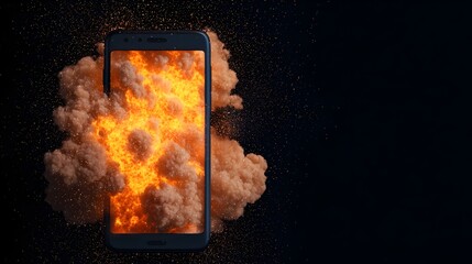 Poster - Dramatic close up of a smartphone device exploding in a fiery burst with glowing sparks and a dreamy bokeh effect against a high tech digital backdrop