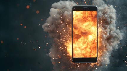 Aufkleber - Dramatic close up scene of a smartphone shattering into pieces with flames and sparks erupting from the device  Surrounded by a dreamy