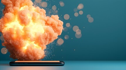 Dramatic close up view of a fiery burst exploding from a smartphone with sparks and flames bursting outward against a dynamic tech inspired background with dreamy floating bokeh effects