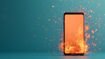 Aufkleber - Close up view of a smartphone device consumed by flames surrounded by sparks and a dreamy blurred digital background full of dynamic energy and motion