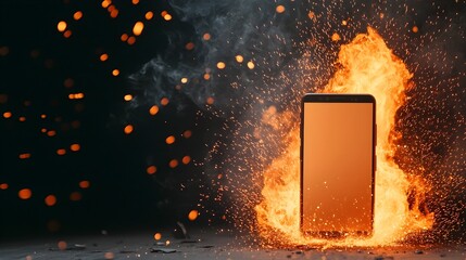 Aufkleber - Smartphone Engulfed in Fiery Digital Explosion with Sparks and Motion   Close up view of a smartphone device surrounded by flames electric sparks