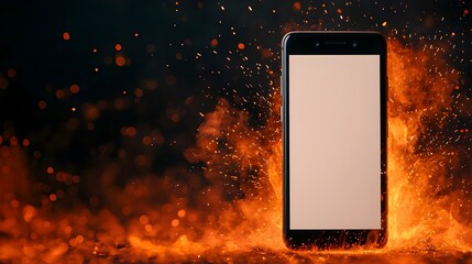 Poster - Close up of a smartphone completely engulfed in flames with sparks flying in all directions set against a dreamy digital background full of vibrant motion and energy