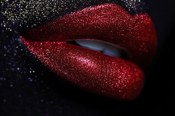 Vibrant close-up of a ruby red lipstick with a glittery background, showcasing elegance and luxury, ideal for beauty and makeup promotions