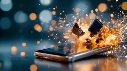 Poster - Dramatic close up shot of a smartphone device breaking apart in a burst of intense flames and glowing sparks with a dreamy bokeh overlay creating a dynamic and abstract digital scene