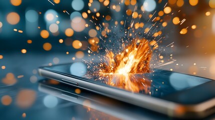 Poster - Close up of a smartphone breaking into flames with sparks scattering in the air and a dreamy vibrant digital backdrop filled with energy and power