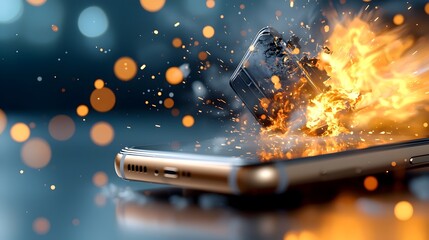 Aufkleber - Close up shot of a smartphone breaking apart in intense flames with a dynamic burst of glowing sparks and a dreamy ethereal bokeh overlay creating a dramatic technology based digital scene