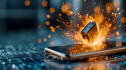 Aufkleber - Smartphone Breaking Apart in a Fiery Digital Burst with Dreamy Bokeh Background   Intense Flames Sparks and Pulsing Energy Surround the Shattered Device