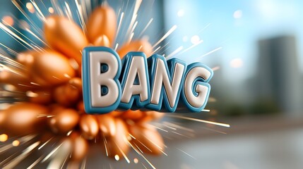 Aufkleber - Vibrant 3D comic explosion featuring bold striking 3D bang text in the center with fiery bursts and sharp motion lines radiating outward in a close up dynamic and captivating visual design