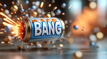 Fototapete - Dramatic and Energetic 3D Text Artwork Depicting the Word Bang in a Bold Comic Style Explosion with Fiery Sparks Bright Colors and Dynamic Motion Lines