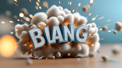 Fototapete - Striking and dynamic digital artwork featuring bold 3D text in comic book style surrounded by a powerful explosion with bright colors fiery sparks and an energetic impactful composition