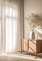 Elegant light wood sideboard adorned with a white vase and flowers, positioned next to a large window with sheer curtains.