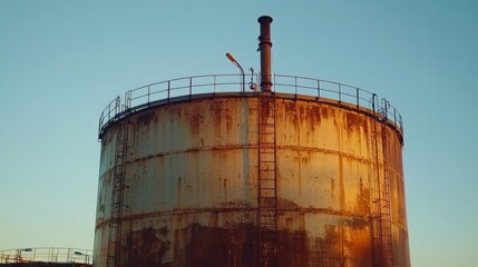 A sleek, tall fuel storage facility with rust accents, symbolizing resilience and the need for durable structures in fuel storage.