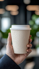 person holds textured coffee cup in modern setting, surrounded by blurred greenery and soft lighting, evoking cozy atmosphere