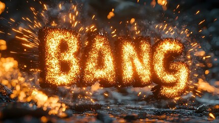 Fototapete - Explosive comic book scene showcasing a close up view of vibrant 3D bang text surrounded by dynamic bursts of fire sparks and vibrant colors capturing an intense and action packed moment